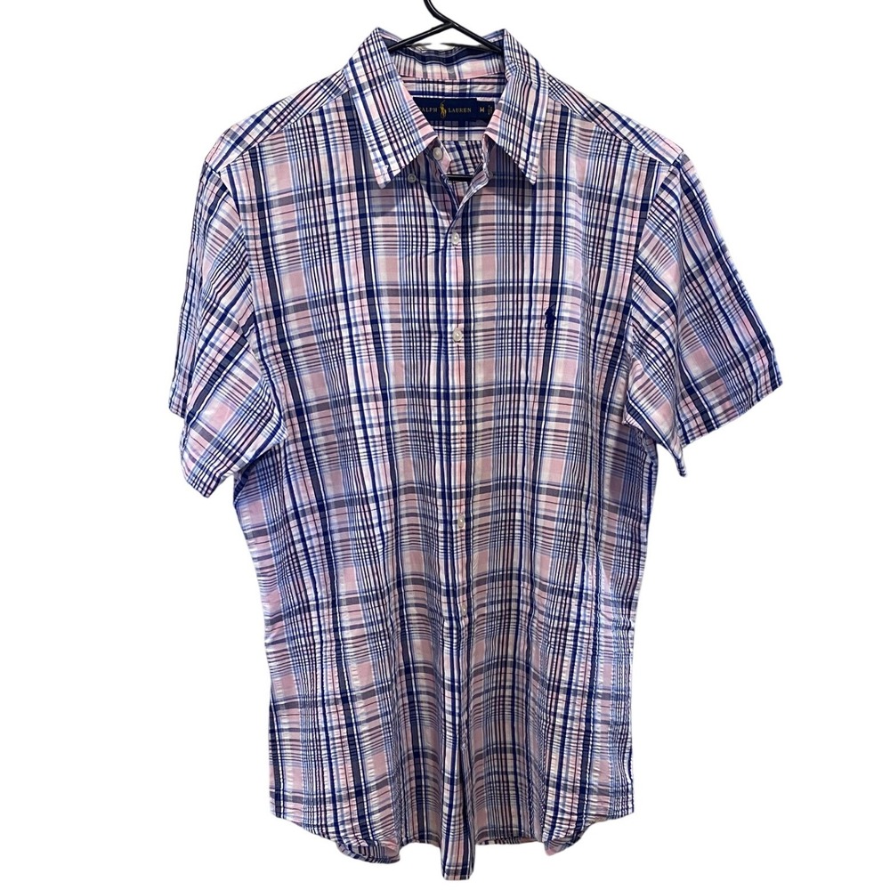 Ralph Lauren Mens Pink Blue Plaid Short Sleeve Button Down Shirt Cotton Size M